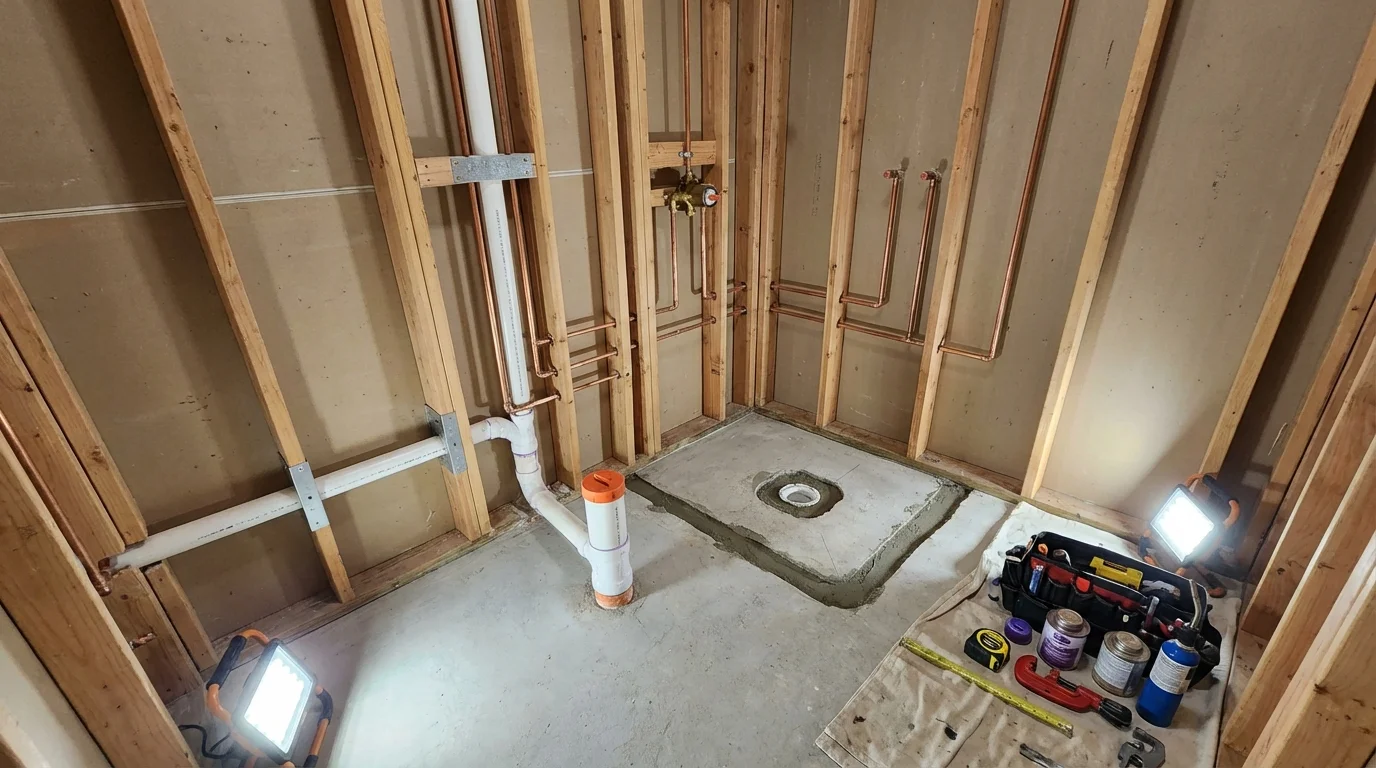 Bathroom rough-in plumbing during remodel by Johns Plumbing LLC in Sylvester