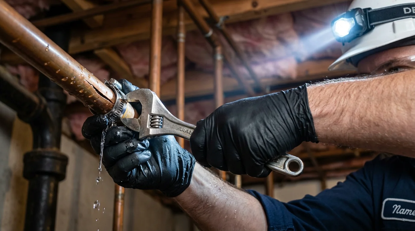 Emergency pipe clamp repair being performed by a Johns Plumbing LLC plumber in Sylvester