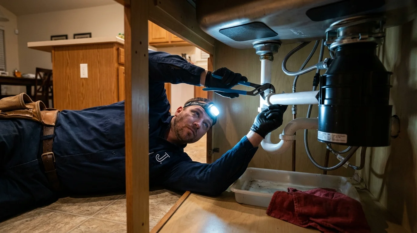 P-trap and supply line connections under a kitchen sink showing a common leak point in Sylvester, GA